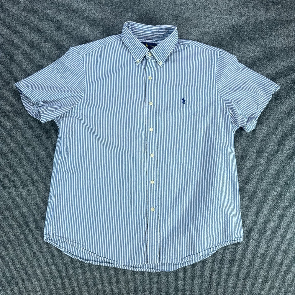 Ralph Lauren Mens XL Seersucker Short Sleeve Button Down Shirt Blue striped prep